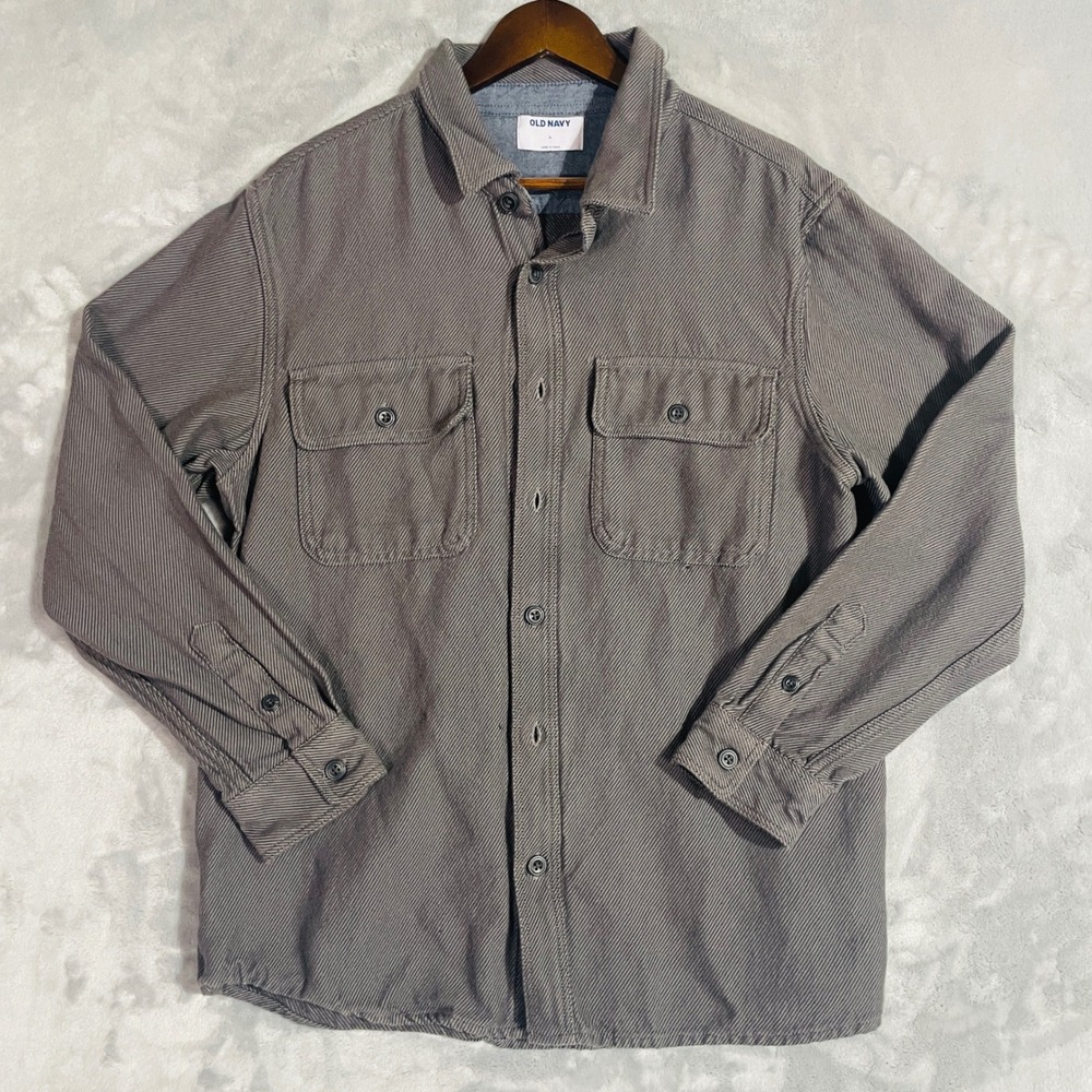 Old Navy Button Down Shirt Mens L Gray Excellent Twill Long Sleeve Workwear